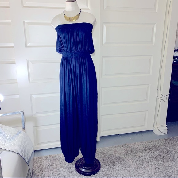 Silky Breezy Electric Navy Blue Loose Romper Off Shoulder Elastic Hems Size M/L - Picture 5 of 10
